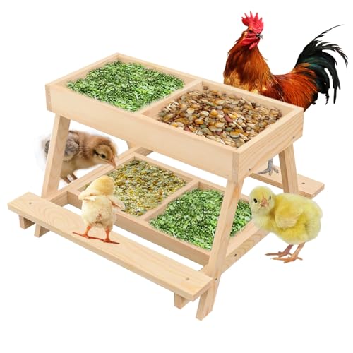 Chicken feeder squirrel picnic table feeder poultry feeder chicken coop decor Chicken Feeder No Waste Kit with Picnic Table Two stainless steel mesh screens keep food clean and dry (wood color)