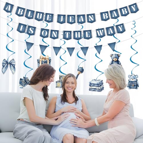 Image of Blue Jean Baby Shower Decorations - 11 Pcs a Blue Jean Baby is on The Way Banner Hanging Swirls Party Decorations, Denim Cloth Bear Baby Shower Decor Supplies for Kids Boys