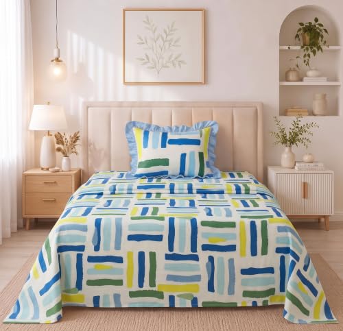 Image of BSB HOME 240 Tc Premium Single Bed Bedsheet, Soft Comfortable Bed Sheet with 2.5 Inches Frill Border, Stylish Printed Bedding for Bedroom, Elegant Bedsheet, 60 x 90 Inches - Cobalt Blue