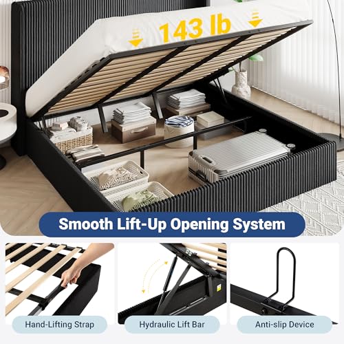 Image of Allewie King Lift-Up Storage Bed Frame, Corduroy Wingback Headboard, Black