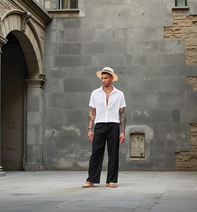 Image of CB-COLEBROOK Mens Casual Linen | Elastic Waist | Drawstring Summer Beach Yoga Linen Trouser | Loose Fit Pyjama Pants for Man