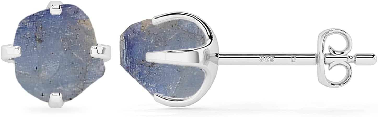 Natural Raw Gemstones Stud Earrings for Women in Sterling Silver, Birthstone Jewelry Gifts for Her Birthday, Anniversary, Graduation (Prong-Set, 6x5.5mm)