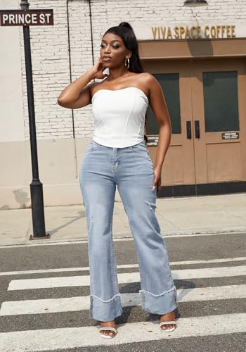 HuiSiFang Women's Ripped Cuffed Jeans High Waisted Straight Wide Leg Stretchy Denim Pants2