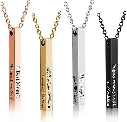 4 Sided Bar Necklace Personalized, Handmade Sterling Silver 3D Vertical Engraved Name Necklace Coordinate Jewelry Christmas Anniversary Gifts for Men, Women