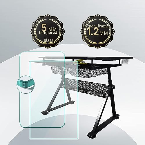 Drawing Table, Height/Angle Adjustable Drawing Desk Craft Station Drafting Table with One Side Table, Stool and Two Drawers