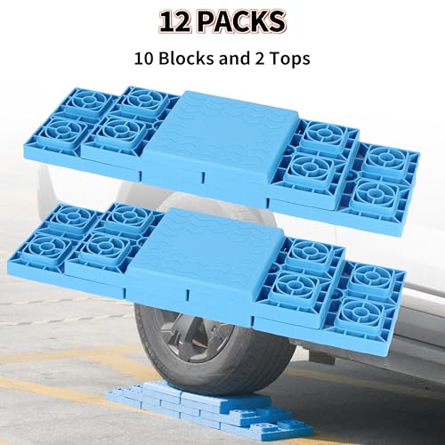 Image of OULEME 12 Pack RV Leveling Blocks, Stackable Jack Blocks, Interlocking Leveling Pads with Carrying Bag, for Camper Travel Trailer, Blue