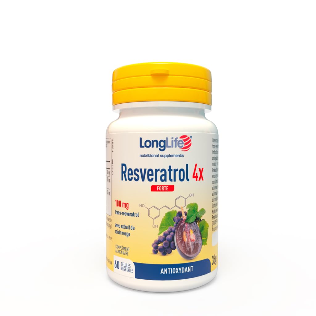 LongLife® Resveratrol 4x Forte | Trans-resvératrol pur (Veri-te™) et raisin rouge | Cœur et circulation | Jambes légères | 60 gélules | Végan et sans gluten