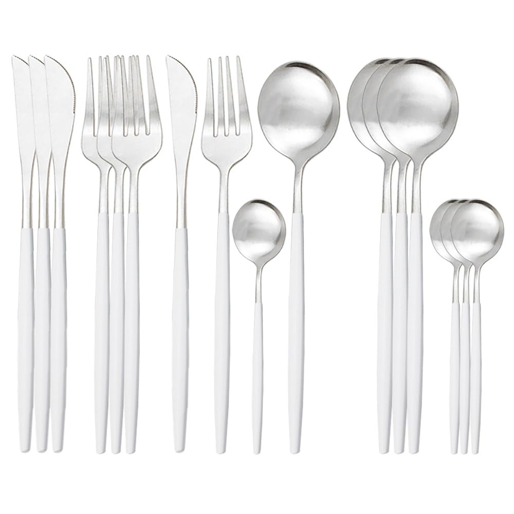 ONUIFIKE Silverware Set, 16pcs White Gold Matte Portuguese Stainless Steel Cutlery Stainless Steel Steak Knife, Fork And Spoon Set, Home Cutlery Flatware Set(White Silver)