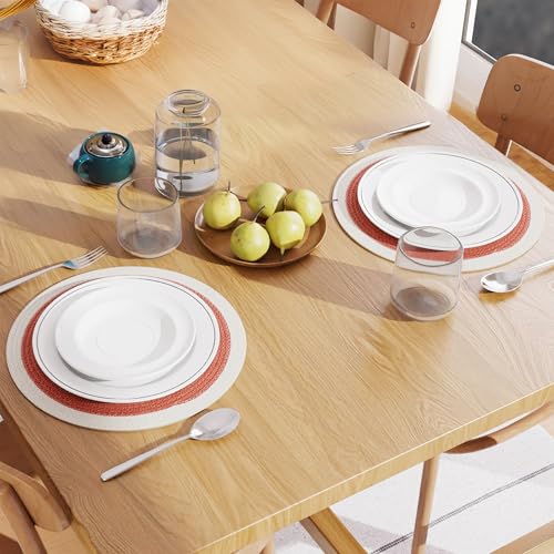 Image of Dining Table Mats Set of 2 | Cotton Table Mat 32 cm Diameter, Encasa XO Washable Round Table Mats, Heat Resistance Dining Table Placemats, Handmade Ribbed Style for Centre Table, Coral & Off White