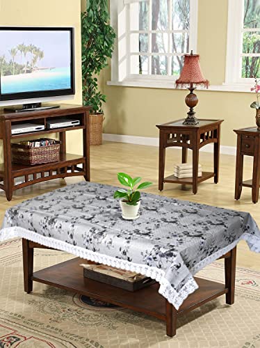 Image of Kuber Industries Flower Printed PVC 4 Seater Center Table Cover Protector With White Lace Border 40 inchx60 inch (Grey)