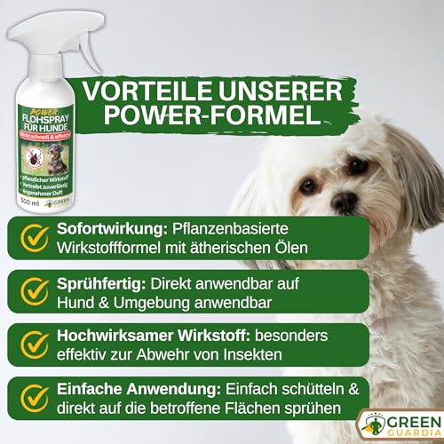 GREEN GUARDIA Flöhe Abwehrspray Power-Konzentrat 500 ml – Pflanzlicher Zecken- & Flohschutz für Hunde – Sprühfertig & sofort wirksam – Ideal für Fell, Liegeplätze & unterwegs – mit ätherischen Ölen