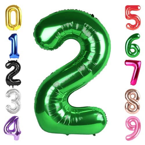 Image of 40 Inch Green Number 2 Balloon Birthday Party Decorations for Men & Women | 40 Inch Green inflatable foil number balloons, large birthday decorations for 2nd birthday