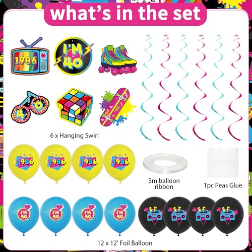 Image of Crenics 80s Theme 1986 40th Birthday Decorations for Men Women | Back in 1986 Backdrop, Awesome Since 1986 Banner, Swirls, Centerpieces and Balloons for 40 Birthday Party Supplies