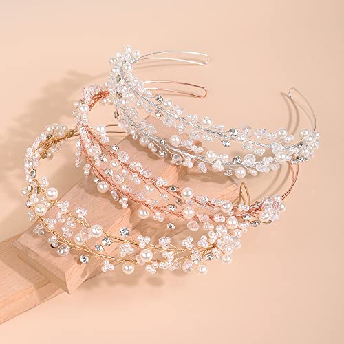 Kercisbeauty Wedding Bridal Pearl and Crystal Hair Tiaras Boho Cute Beaded Princess Crown Banquet Party Special Occasion Handmade Jewelry for Women Girls (Gold) - Image 4