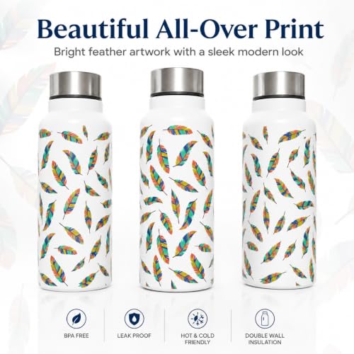 Image of Stainless Steel Water Bottle for School Office Travel | Printed Water Bottle | Drinking Bottle for Home Gym College | Stylish Bottle for Daily Use Picnic & Gifting (White with Feather)