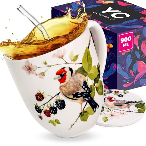YC YANG CHAI Grande Tasse Jumbo 900 ml – Mug XXL en Porcelaine Fine – Grande Tasse à Thé – Coffret Cadeau Jumbo avec Sous-Tasse – Compatible Lave-Vaisselle et Micro-ondes – YC Berry Birdy