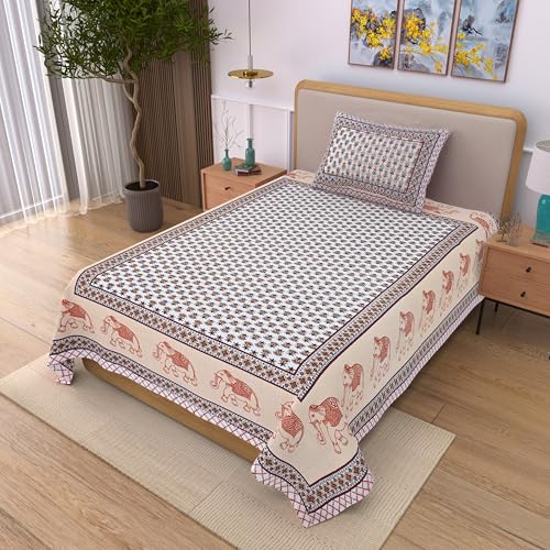 Image of 100% Cotton Single Bedsheet with 1 Pillow Cover | 240 TC Pure Cotton Flat Bed Sheet | Traditional Jaipuri Printed Bedding Set | Soft & Breathable | 60 x 90 Inch (Rangmahal Single 74)