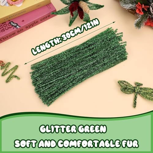 Image of Pipe Cleaners Craft, Pipe Cleaners Chenille Stem Fuzzy Sticks Craft Supplies for flowers making, Home DIY (Green Sparkle, 100pc)