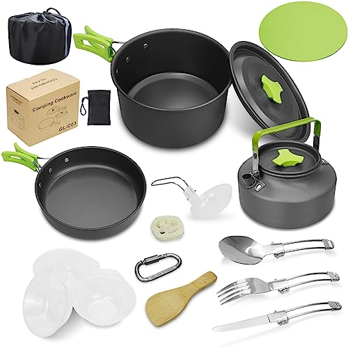 Tokmali Camping Cookware Kit, Portable Aluminum Outdoor Cooking Set with Camping Pot, Pan, Kettle, Mess Kit, Carabiner, Nylon Storage Bag for 2-3 People to Camping/Hiking/Picnic/Travel/Outdoor Party