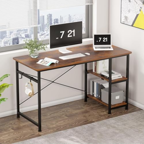 Image of computer table for home pc with Shelves|Study Table for Students|Home Office Desk |Wooden Workstation for Laptop and PC|Dual Monitor Desk|Adjustable Shelf Design | Rustic Brown | 120x60x75 cm