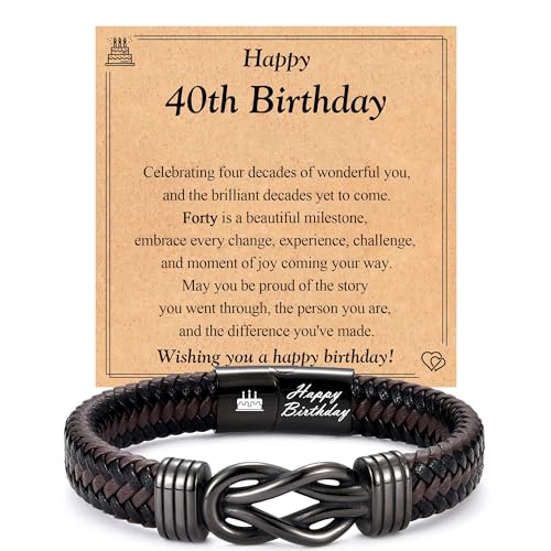 12th-40th Birthday Gift for Boys Him Men, Leather Knot Bracelet Gifts for 12 13 16 18 Year Old Boys Son Grandson Nephew Friend with Birthday Card