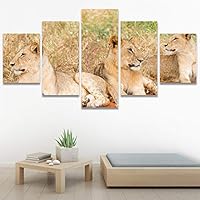 SIGNWIN 5 Panel Canvas Wall Art Modern Art Animals Dramatic Giraffe Lion Multicolor Photography Southwest for Home Decorations Ready to Hang - 60