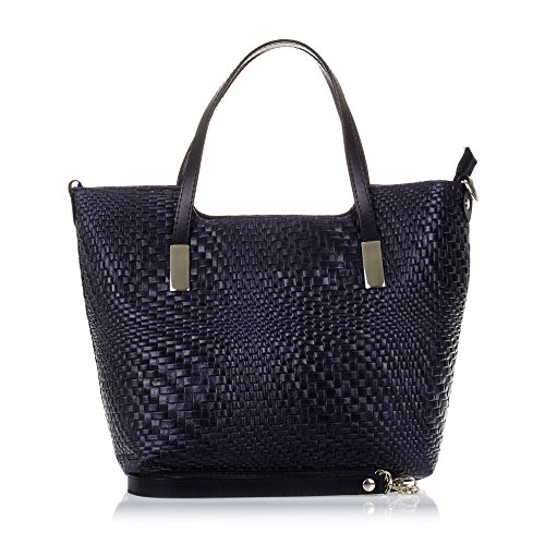 Firenze Artegiani Bolso Tote de Mujer en Piel auténtica Dollaro, Grabado Trenzado geométrico y Lacado, 38 cm, Azul Oscuro