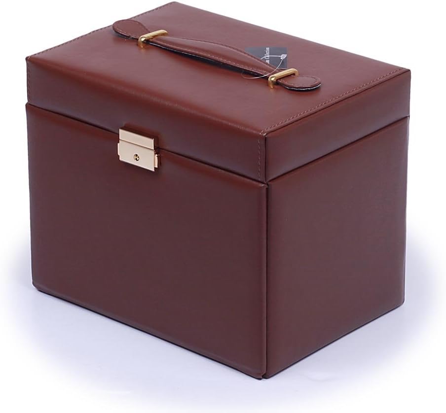 Shining Image Brown LEATHER JEWELRY BOX/CASE/STORAGE/ORGANIZER WITH TRAVEL CASE AND LOCK