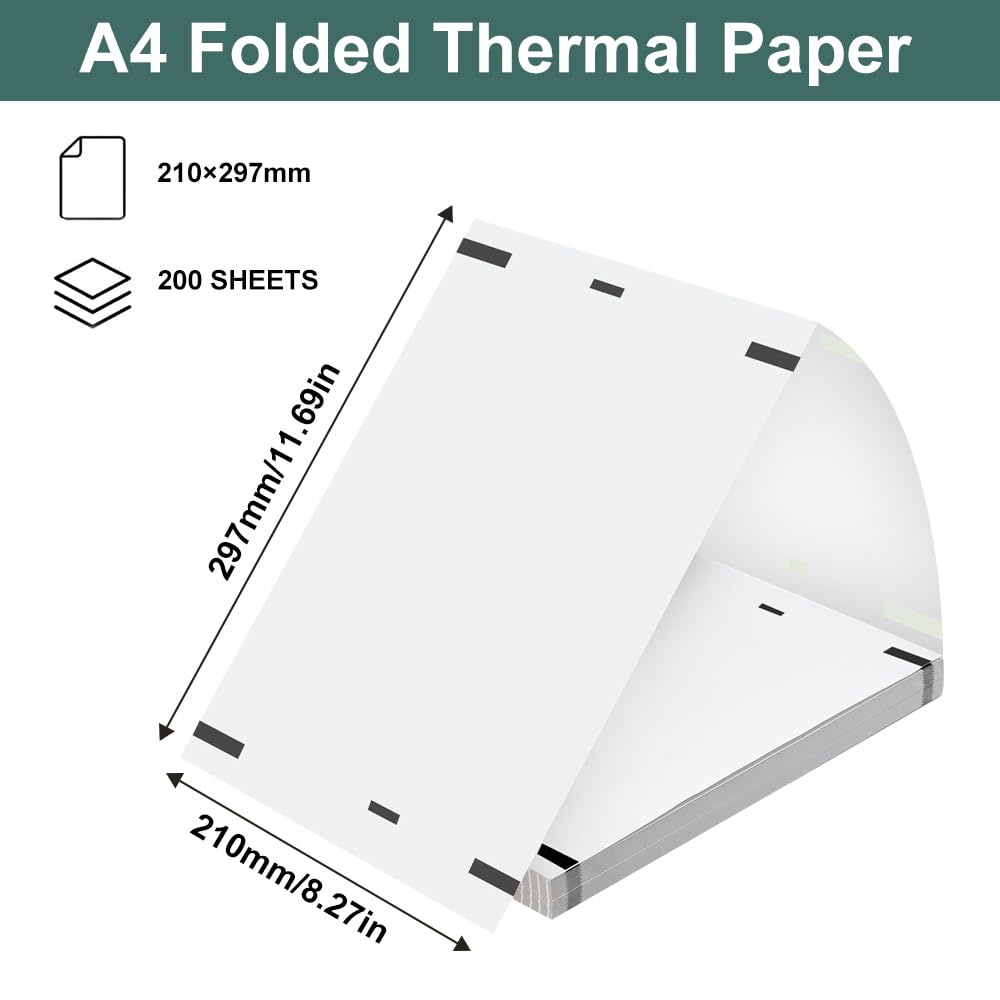 200 Fogli Carta Termica A4 Compatibile con Stampante Termica Portatile M08F/M832/Q302/M834, Carta Termica Ad Asciugatura Rapida Carta Termica Pieghevole A4 per Stampante Senza Bpa per Documenti