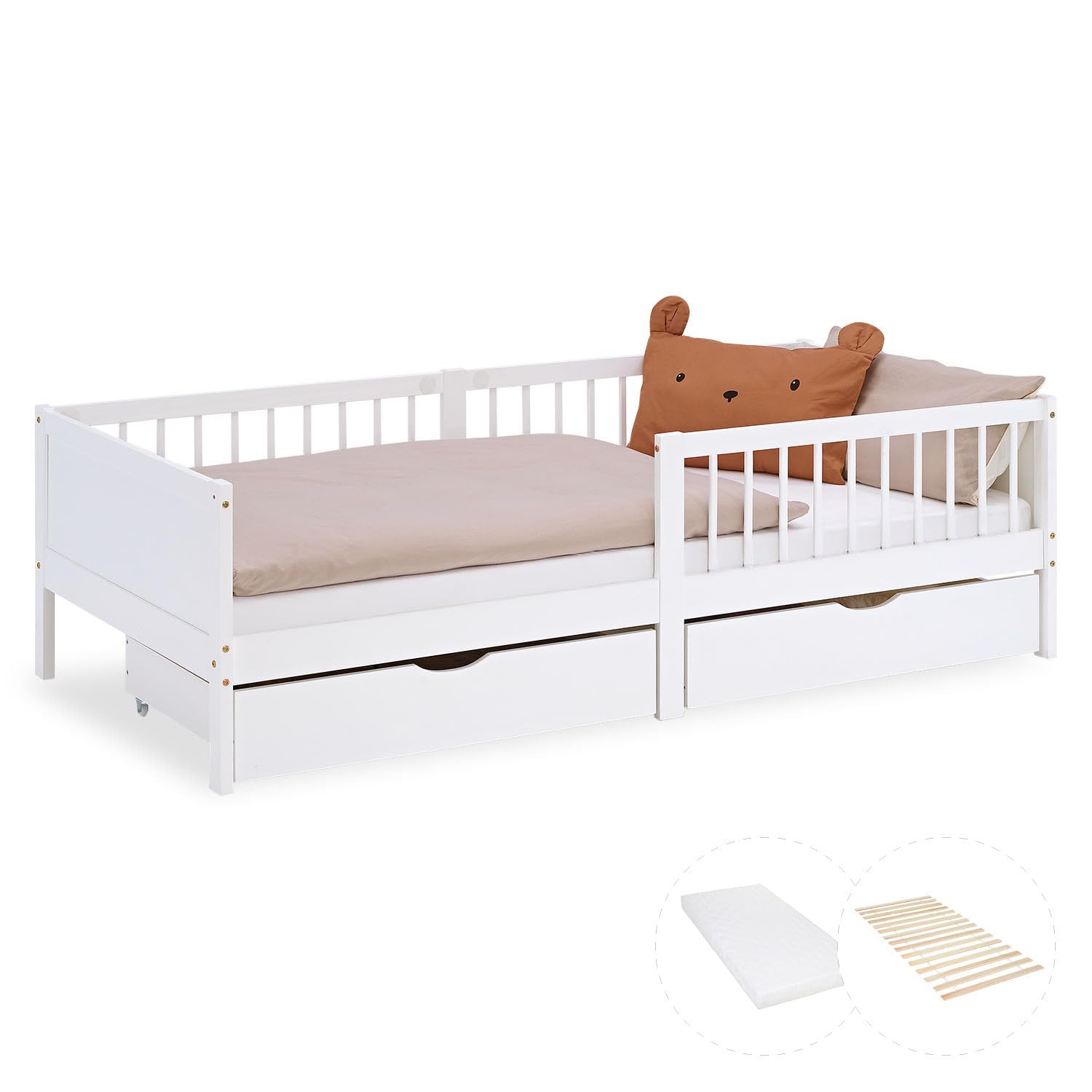 Homestyle4u Kinderbett 90x200 mit Matratze, Lattenrost & Schubladen, Weiß | Massivholz Bodenbett aus Kiefer mit Rausfallschutz, 2 Bettkästen für Stauraum und kindgerechter Rollmatratze Härtegrad 2