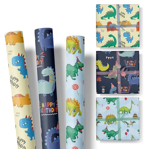Kinder Dinosaurier Geschenkpapier – 3 Rollen im Set – Happy Birthday – 47 cm breit, 3 m lang