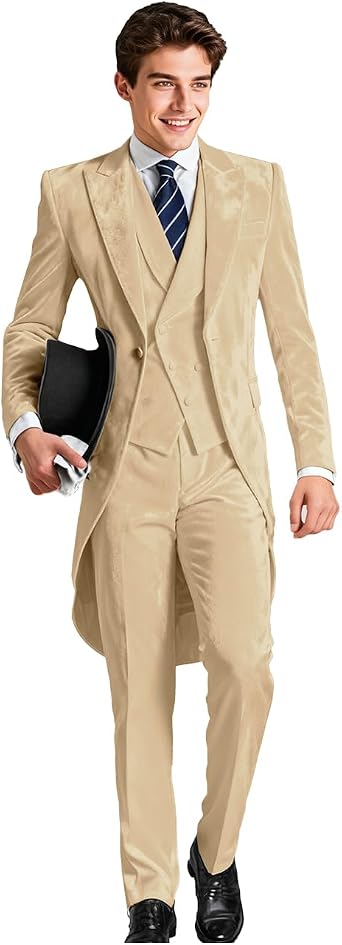 Mens Velvet Tuxedo Tailcoat Suit Set Slim Fit 3 Piece Long Tail Suits for Men Wedding Casual Prom Concert