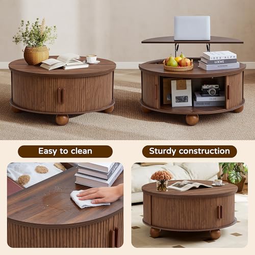 Image of Round Lift Top Coffee Table with Storage, Fluted Circle Coffee Table,Walnut | 33.5 inch Mid Century Modern Lift Top Coffee Table with Sliding Door & Solid Wood Legs, Circle Round Center Table for Living Room