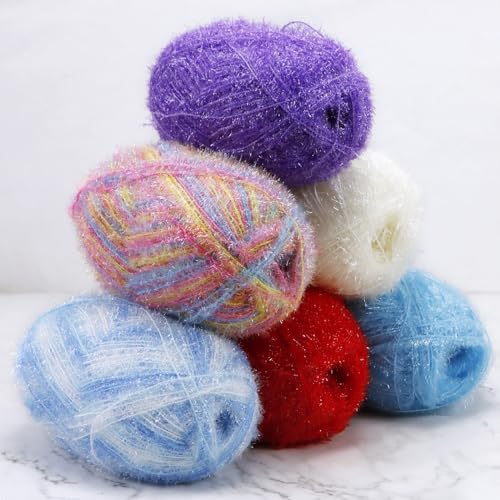 JeogYong Scrubby Yarn 2 Skeins (2 x 100g, 2 x 218yd) Scrubby Sparkle Yarn, Fluffy Polyester Scrubbie Yarn for Crocheting Knitting Dishcloths Washcloths DIY Projects (Lemon Yellow)