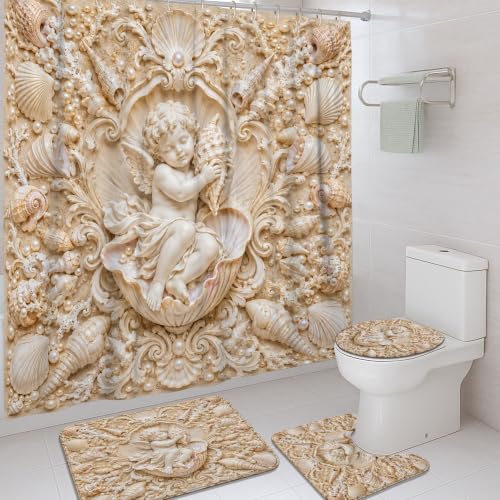 Rideau de douche anti-moisissure lavable en polyester beige d'été ange - 2