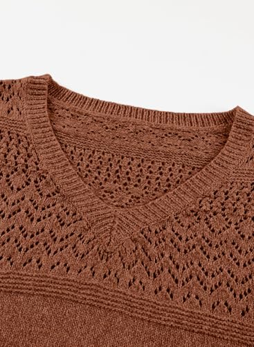 Image of SHEWIN Women's Sweaters Casual Long Sleeve V Neck Crewneck Lightweight Crochet Pullover Sweater Tops