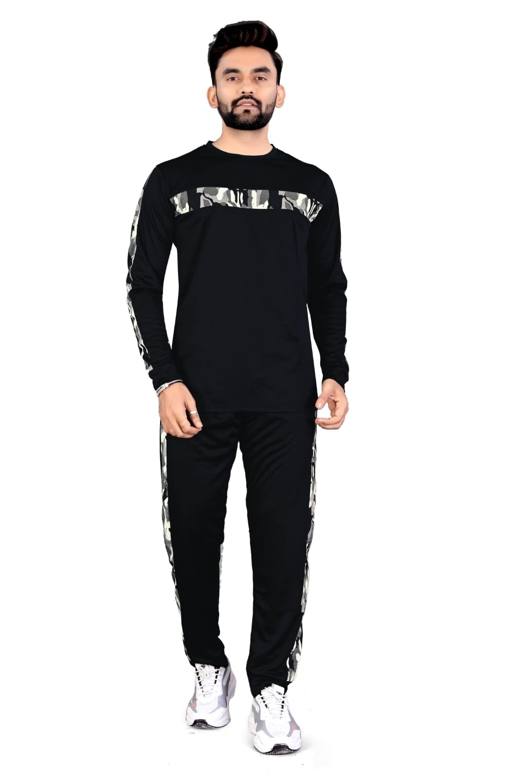 Prime Enterprise Mens Men's Lycra Solid with Camouflage Print Round Neck Full Sleeve tshirt with Full Length Track Pan Stretchable Tracksuit for men_Army-picture-38
