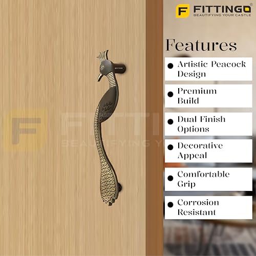 Image of Peacock Design Main Door Handle 15 Inch| Brass Antique Finish Pull Handle| Zinc Alloy Handle for Wooden & Glass Doors |Home, Office & Hotels | Hole-to-Hole 300mm | 3 Years Warranty | Set of 1