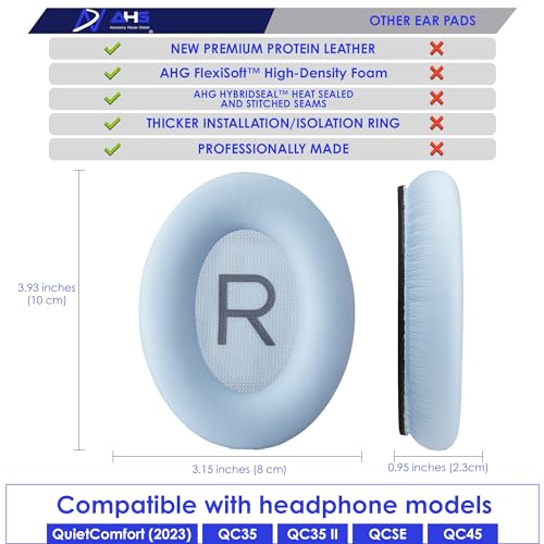 AHG QuietComfort Almohadillas de Repuesto Compatibles con Bose QuietComfort (2023), QC45 QCSE QC35 QC35 II Auriculares con Cancelación de Ruido - Azul Piedra Lunar. Extra Gruesas | Máximo Confort y Durabilidad miniatura 6