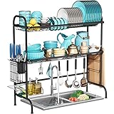 MOUKABAL Over The Sink Dish Drying Rack with 2 Tier Utensil Holder,Large Stainless Steel Dish Racks for Kitchen Counter(fit≤33' Sink)