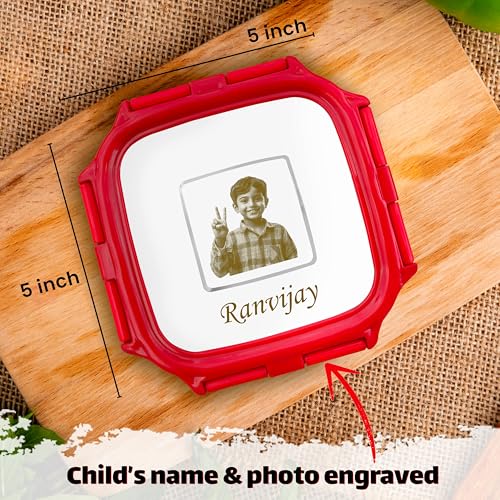 Image of SAVRI Personalized Stainless Steel Lunch Box for Kids - Customized Laser Photo & Name Printed | Square Food Storage Tiffin Box Lunch Box for Baby, Toddler & Children. (Red)