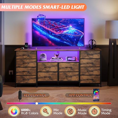 Image of WLIVE Dresser TV Stand for 75 Inch TV, 12 Drawer LED Dresser, Rustic Brown