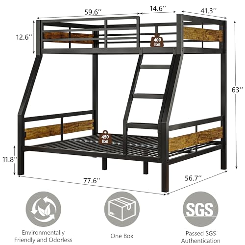 Image of iPormis Metal Bunk Bed Twin Over Full, Heavy Duty Bunk with High Guardrail and Safety Entrance Design, Under-Bed Storage Space, Easy Assembly, Noise Free, Rustic Brown