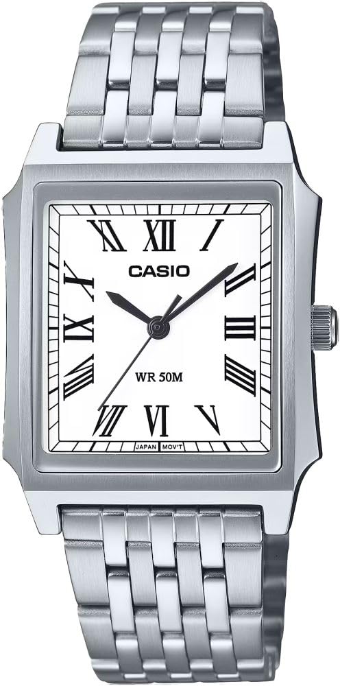 Men's Analog Watch MTP-B190D-7BV, Square Dial, Silver Stainless Steel Bracelet, Roman Num…