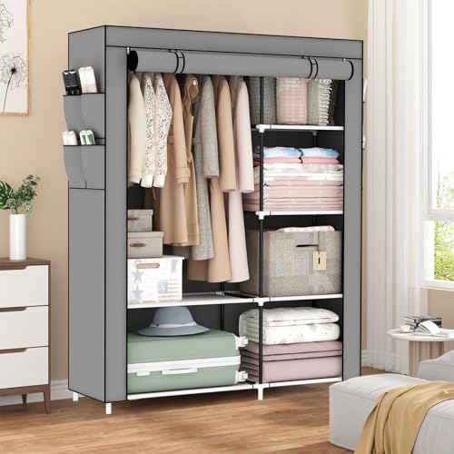 Image of OPPAIYA Canvas Wardrobe, Pop up wardrobe, Fabric Wardrobes Shelves with Hanging Rail, 105 x 45 x 165 cm, Great temporary wardrobe for bedrooms
