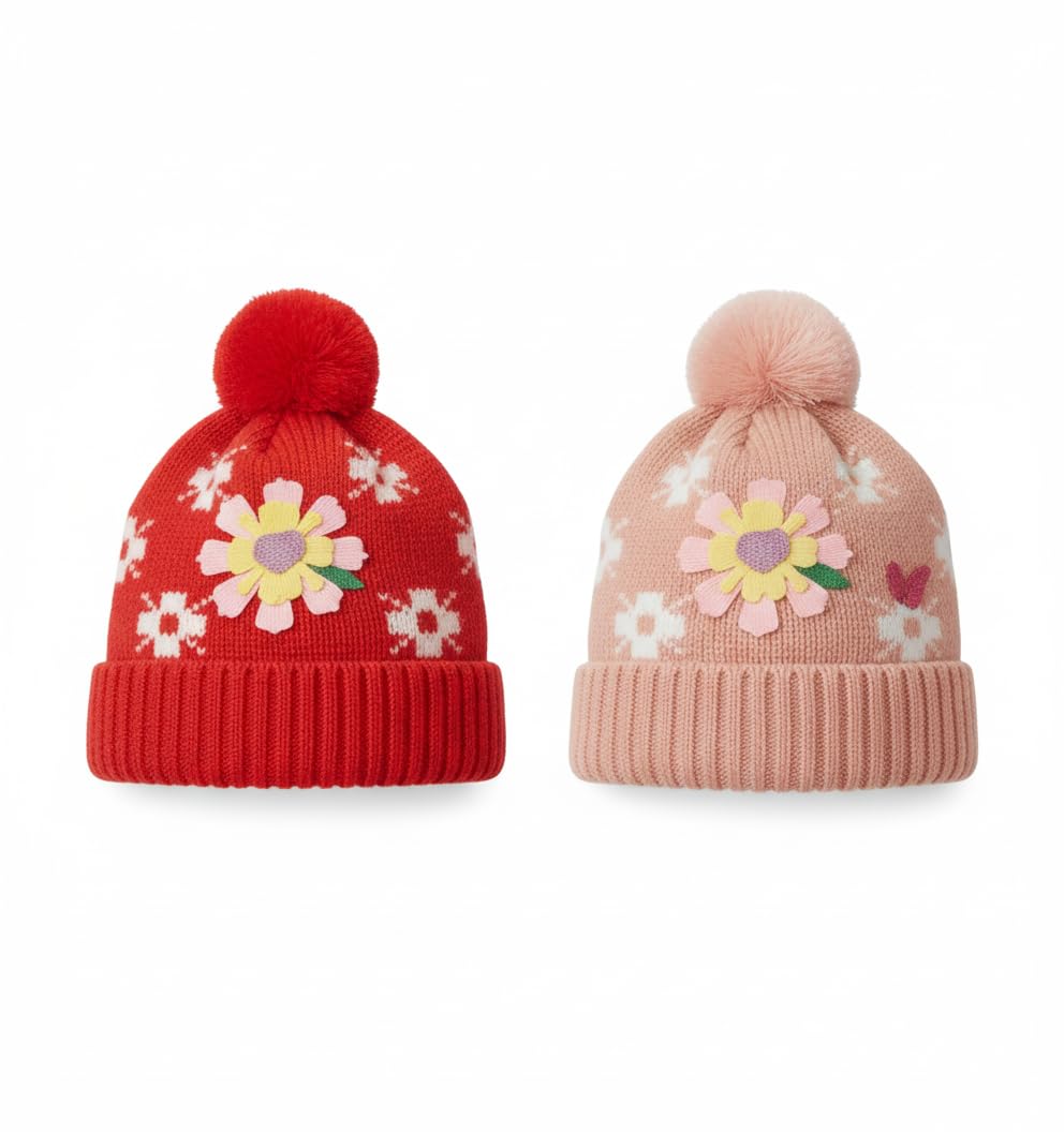 Premium Knit Beanie Cap for Kids (Age 2–6 Years) | Soft Woolen Winter Hat with Pom-Pom & Flower Design | Warm & Stretchable Cap for Boys & Girls Multicolor (Pack of 2)-picture-11