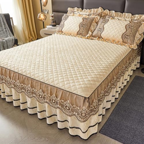 ベッドスカート クイーン エレガント ラグジュアリー 暖かい キルティング ベルベット フリル レース ベッドスカート 19インチドロップ付き 寝室装飾用 寝具3点セット(Beige,180x220cm)