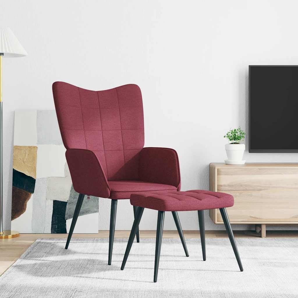 Sillón de relax con taburete, tejido rojo vino, 61 x 70 x 96,5 cm, moderno, cómodo asiento acolchado con patas de madera, para salón, dormitorio, oficina