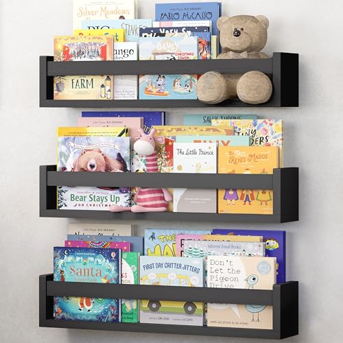 Image of naturesupplies Set of 3, 23" Black Floating Shelves for Wall, Kids Bookshelf for Bedroom, Nursery Storage for Rooms, Modern Wall-Mounted Display for Books, Toys, and Decor in Home or Office Spaces