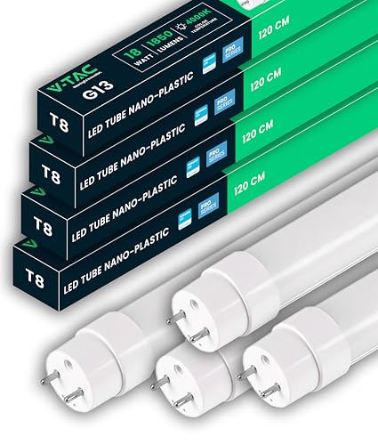 V TAC 4x Tubos LED 120 CM   T8 G13 18W   1850 Lúmenes   Chip Samsung   Tubos LED para Techo, Pared, Garaje, Tienda   Tubo LED forma T8   Sustitución de Neón   Blanco Natural 4000K